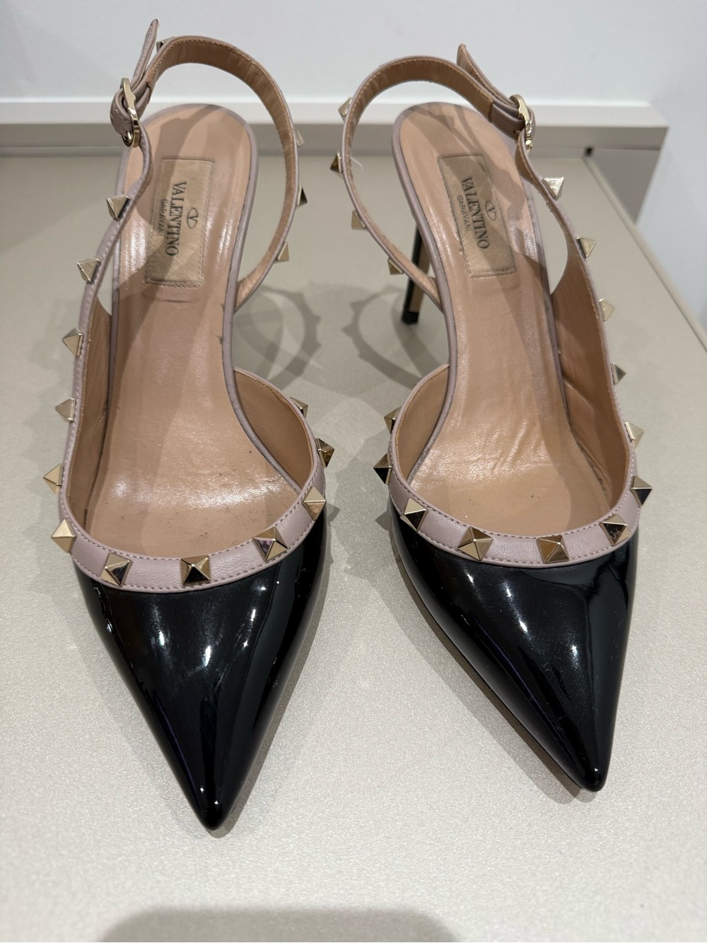 Valentino Black Patent Slingback Pumps with Nude Trim and Gold Rockstuds